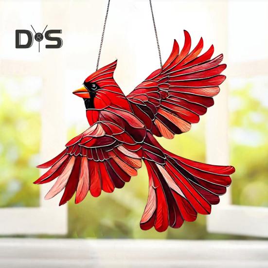 Red Bird Hanging Ornament Acrylic Flying Bird Pendant Winged Red Bird Suncatcher Decoration for Christmas Tree Window