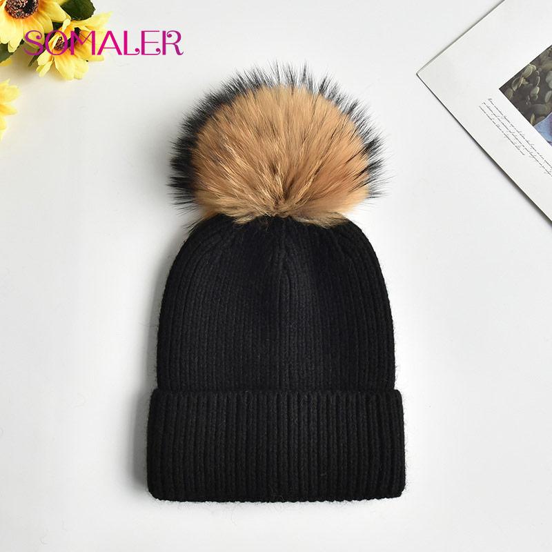 SOMALER Зимняя вязаная шерстяная шапка с меховым помпоном для девочек, женская модная пушистая теплая шапка-бини с манжетами и помпоном, женская осенне-осенняя повседневная кепка