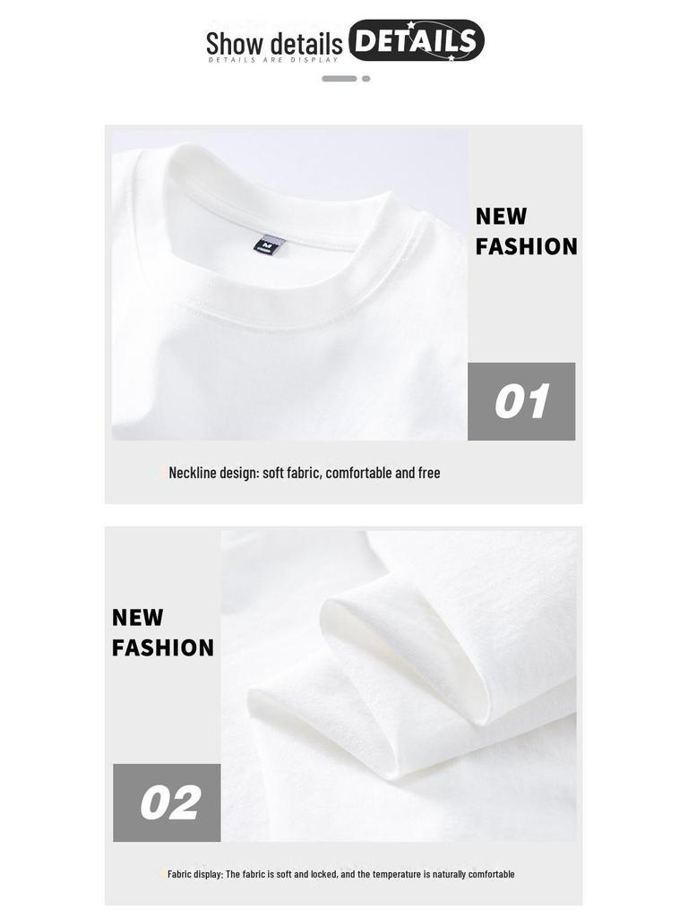 Мужская футболка с длинным рукавом из плотного хлопка - Белая, круглый вырез, стальной принт, свободный крой, осенняя коллекция