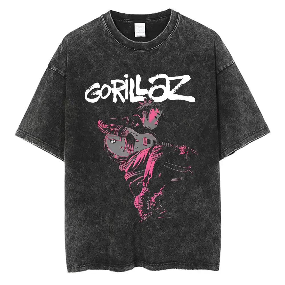 Стирка Винтажная Футболка с Графикой Рок-группы Gorillaz Альбом The Now Now Мужская Ретро Готика Панк Футболка Мужская Хип-Хоп Оверсайз Футболка