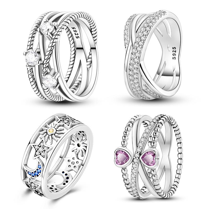 New 925 Silver Ring Pink Heart Blue Sun Star Moon Crossover Wide Rings For Women Party Birthday Jewelry Silver Gift
