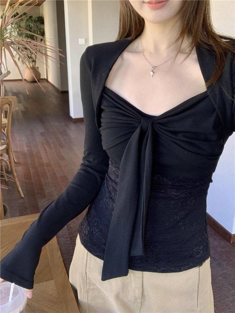 Чистое Желание Кружевная Пэчворк Футболка с Длинным Рукавом - Женская Осенне-Зимняя Нишевый Дизайн Изысканный Топ