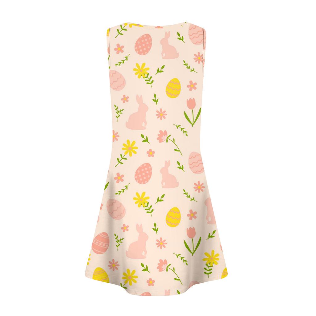Womens Summer Dresses Easter Print Loose U Neck Sleeveless Sundresses Dress With Pockets