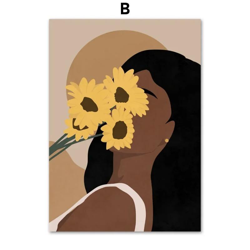 Элегантная черная девушка подсолнечник холст искусство абстрактный настенный декор для гостиной спальни HD печать плакат с растением шляпа юбка Desi