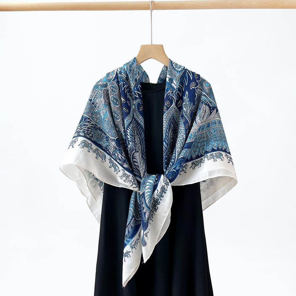 New Imitation Cotton and Linen Large Square Scarf Blue and White Shawl Scarf with Travel Shawl Sunscreen Silk Scarf Women