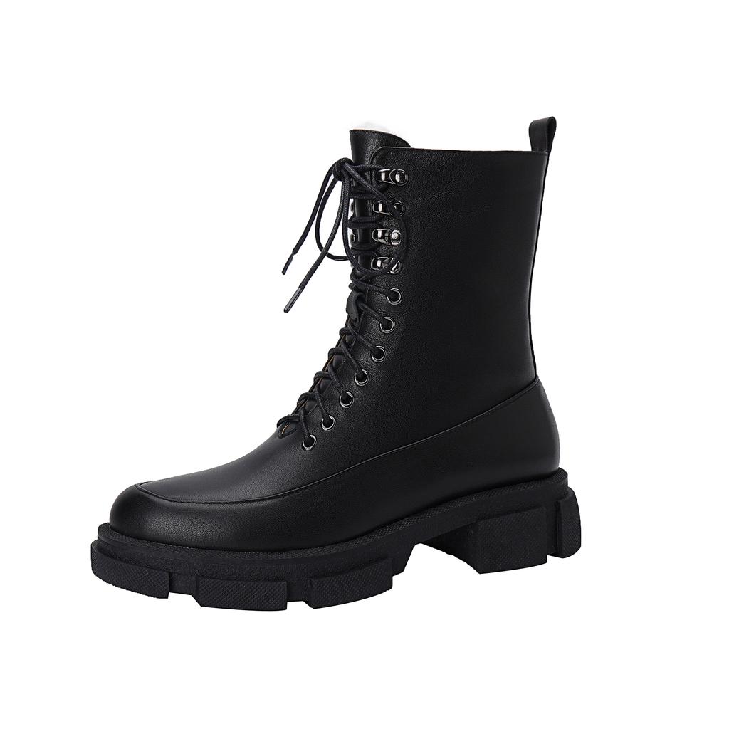 Зимние новые женские ботинки на шнуровке с круглым носком и толстой подошвой из натуральной кожи черного и белого цвета, универсальная обувь на платформе