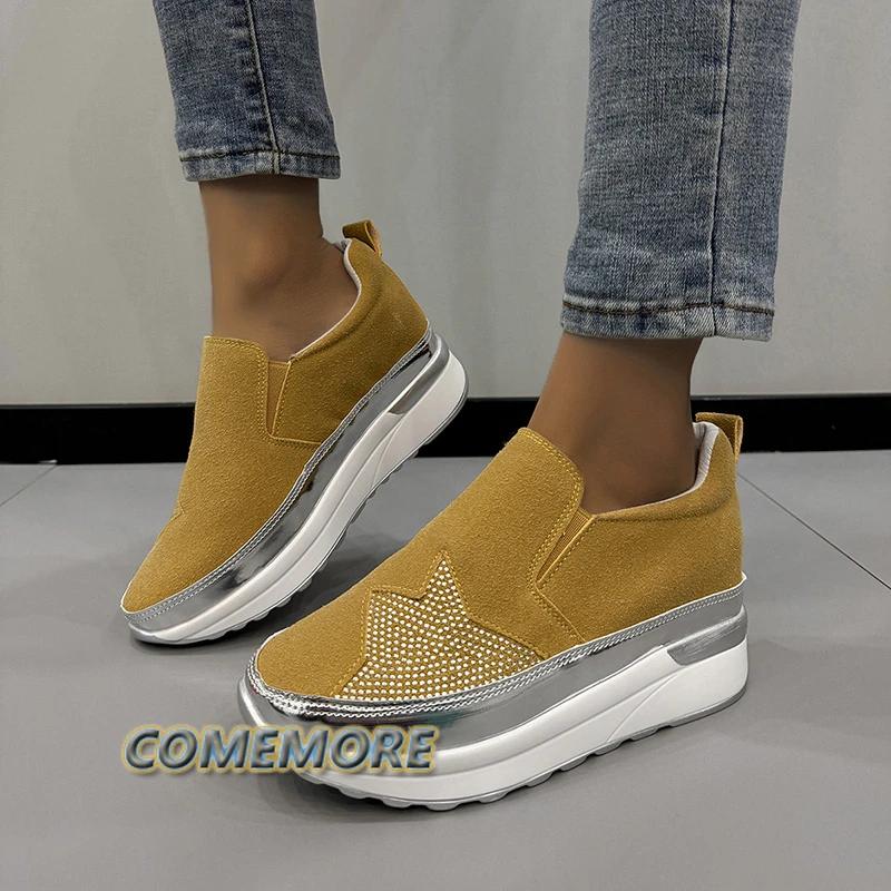 Обувь для женщин 2024 года, новые женские кроссовки из вулканизированной кожи, кроссовки для активного отдыха на платформе со стразами, женская повседневная обувь