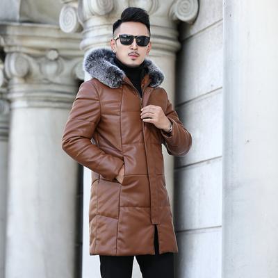 Новое зимнее кожаное пальто, пуховое пальто, мужское пальто средней длины с капюшоном и меховым воротником из серебристой лисы, корейское трендовое пальто