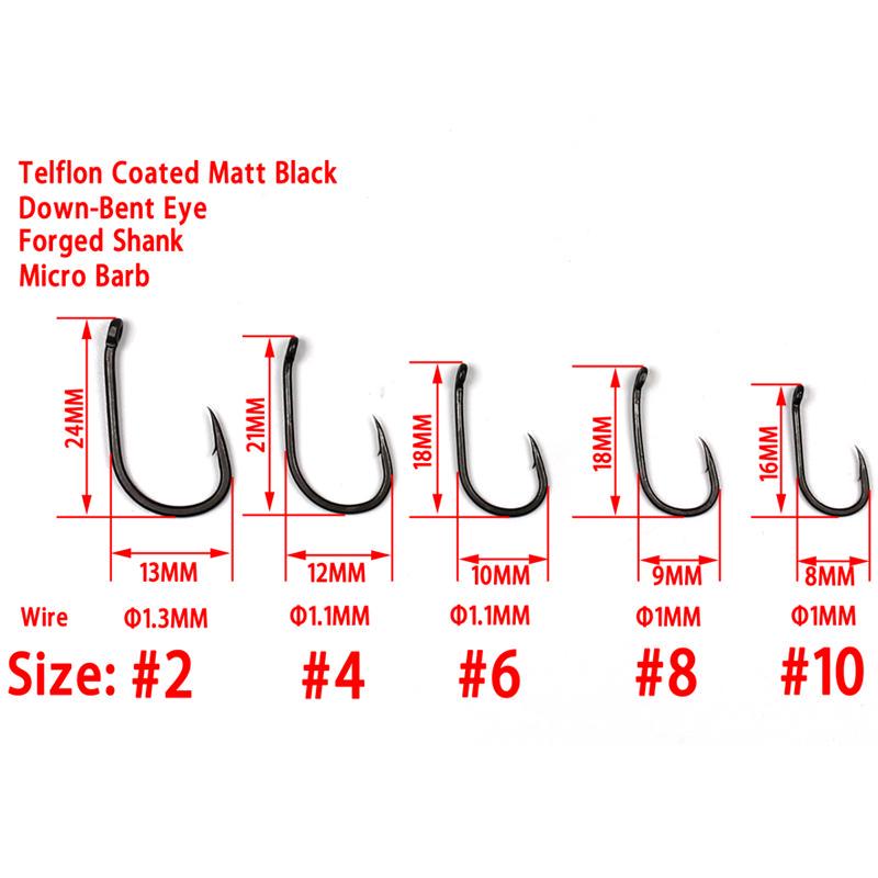 Bimoo 20pcs Teflon Coated Strong Carp Fishing Hooks High Carbon Steel Matte Black Micro Barb Size 2 4 6 8 10 Withy Pool Rig Hook