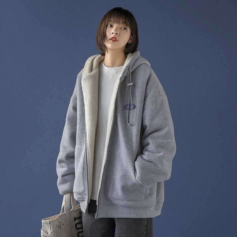 Lamb Wool Coat Women's Lazy Cardigan Sweatshirt Fleece Lined Thickened Loose Korean Style Chic Autumn Winter Hooded Top