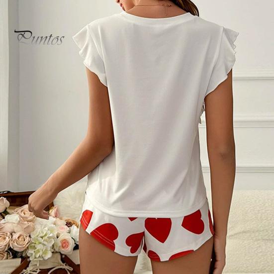 Women's Pajama Set Ruffle Cap Sleeve Top And Love Heart Printed Shorts Set Summer Casual 2 Piece Nightwear Lounge Set