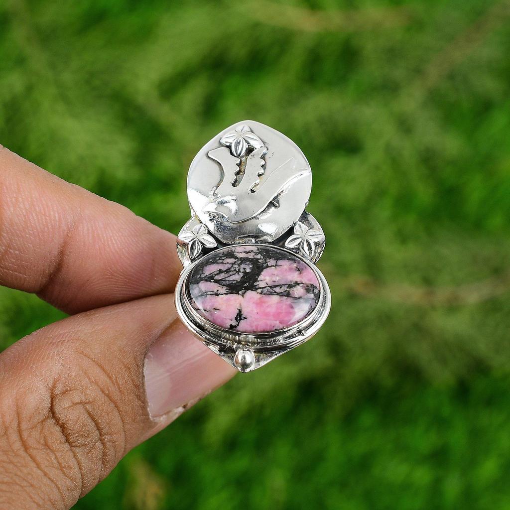 Natural Rhodonite Gemstone Stackable Bird Adjustable Ring 925 Silver For Women