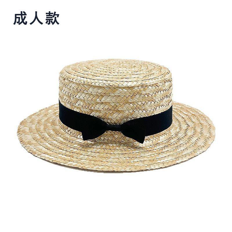 Parent-child hat Korean version summer beach hat women's bow flat edge sun protection straw hat outdoor flat top sun hat