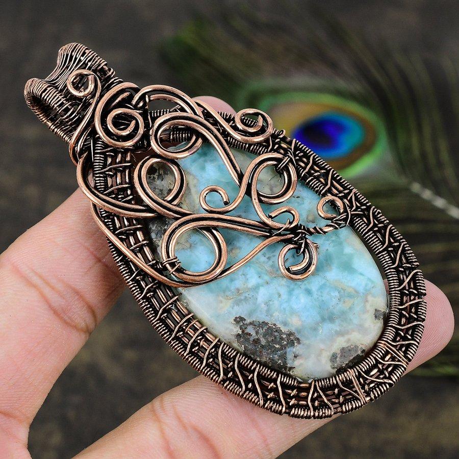 Натуральный карибский ларимар, драгоценный камень, оплетка из медной проволоки, подарочный кулон 3.43 a9Z97