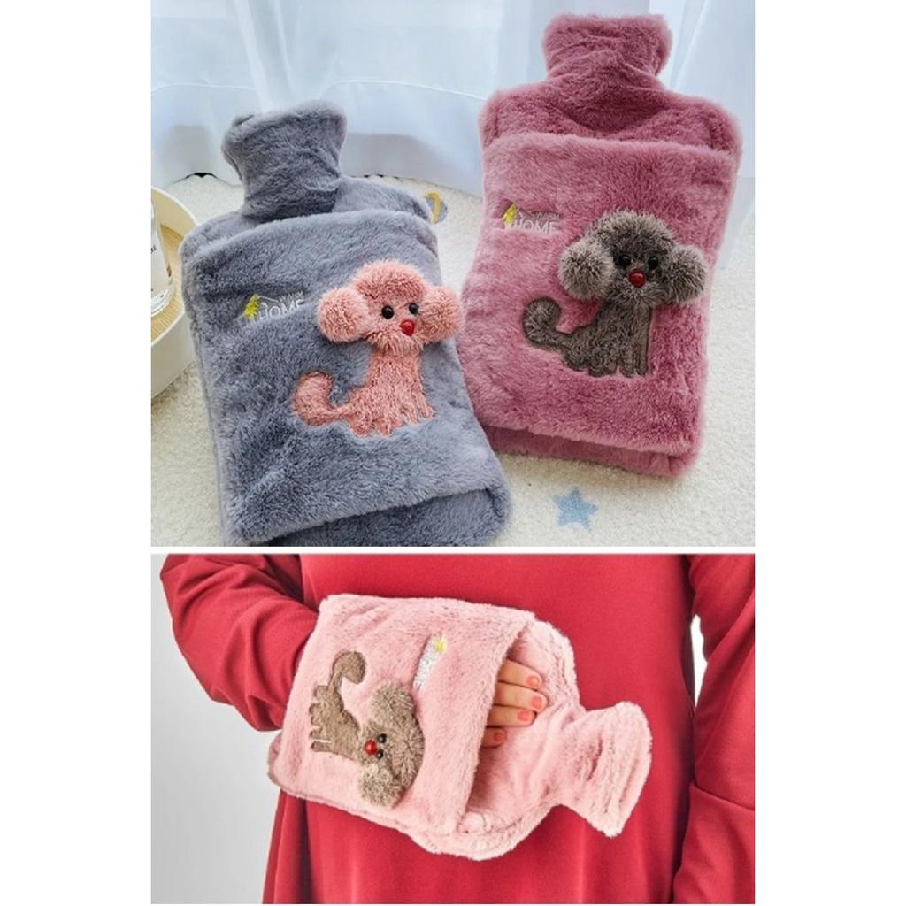 Dog Emoji Hot Water Bag With Plush Cover 2 Lt Pocket Snap-on Hot Water Bag Hand Warmer