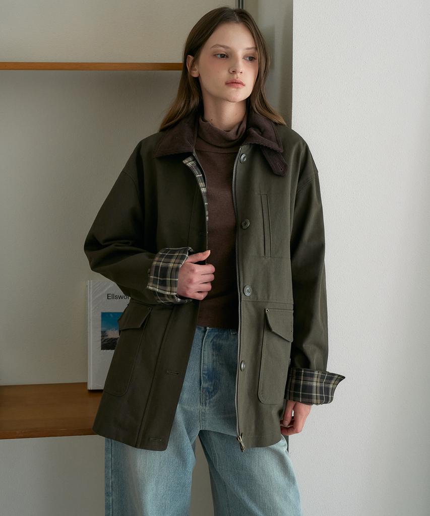 DEHEVE Check Sleeve Work Jacket [Khaki]