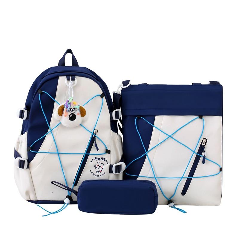 Three-Piece Backpack Set for Primary and Middle School Students Schoolbag Color Block Cartoon Backpack for Women Large Capacity Backpack