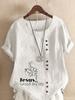 Women's Fashion Black Letter Floral Print Casual Cotton Linen Short Sleeve Round Neck T-shirt Shirt Leisure Loose Summer Blouse Tops
