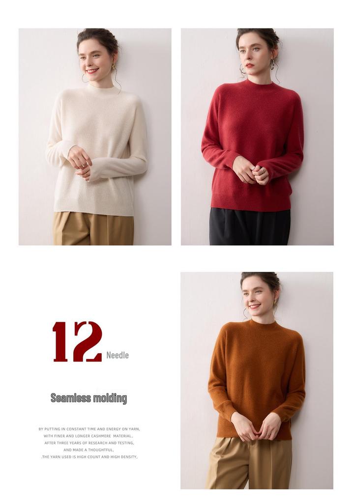 Women's Pure Cashmere Half-High Neck Sweater - Versatile Long Sleeve Knit Pullover