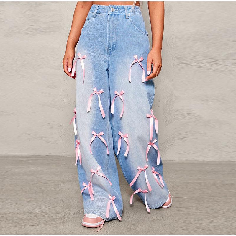 High Waist Wide Leg Denim Jeans Women's Street Style Loose Fit Butterfly Knot Long Pants from Mainland China Female Clothing