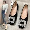 Женские туфли-лодочки весна 2025 новые, со стразами, квадратный носок, мелкий вырез, плоская подошва, нескользящие, модные, универсальные, нежные туфли