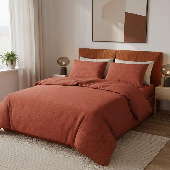 Parure de lit - 1 housse de couette 140 x 200 cm + 1 taie d'oreiller 60 x 60 cm - 100% coton renforcé - Rouge brique