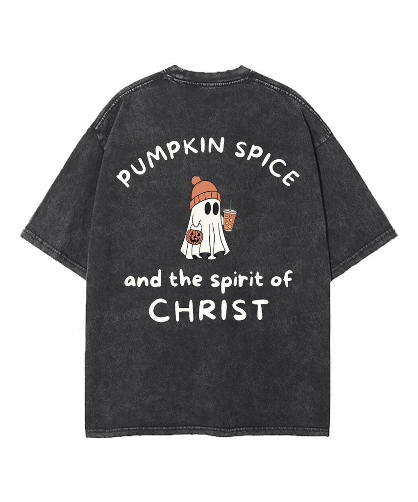 Pumpkin Spice And The Spirit Of Christ Religious Vintage Washed Cartoon Ghost Graphic T-Shirt Men Women Short Sleeve Casual Tee