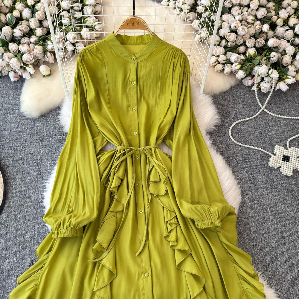 Нежный стиль, темперамент, рукава-фонарики, воротник-стойка, присборенная талия, А-силуэт, оборки по краю, шифоновое платье, элегантные большие свободные длинные платья