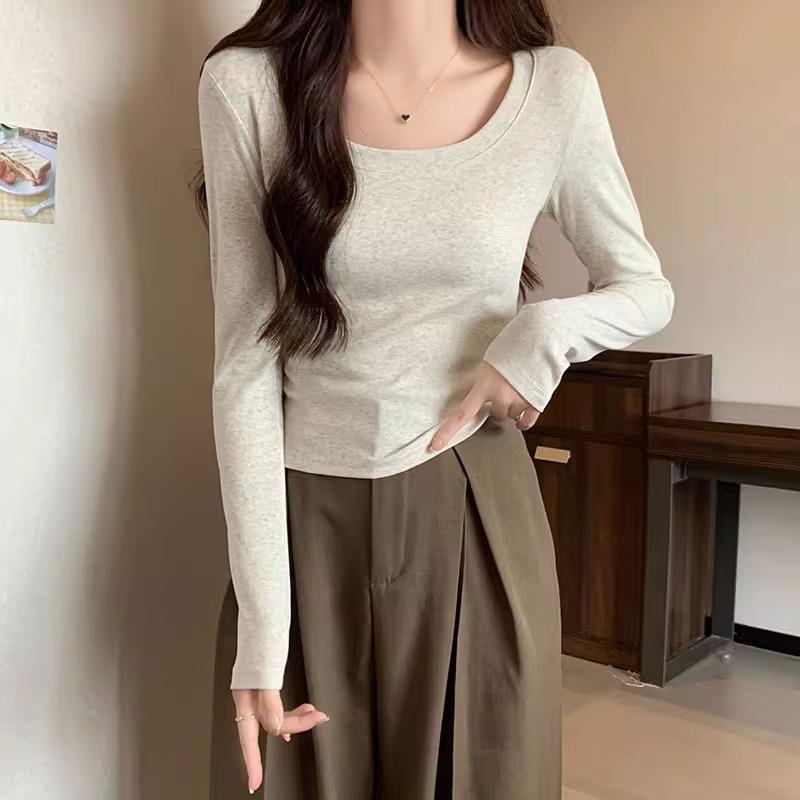 American white front shoulder slim-fitting long-sleeved T-shirt women's early autumn new foreign-style versatile small short bottoming top