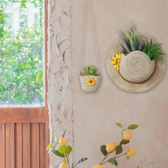 Настенный цветочный горшок в стиле бохо для фермерского дома, соломенная шляпа, сумка на плечо, цветочный горшок, смоляной горшок для растений бонсай, для внутреннего и наружного балкона, садовый декор, суккуленты, сухоцветы