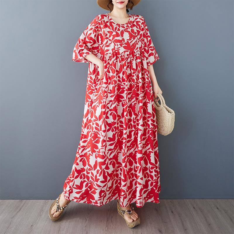 Новое хлопковое винтажное платье с цветочным принтом больших размеров с коротким рукавом для женщин, повседневное свободное длинное летнее платье