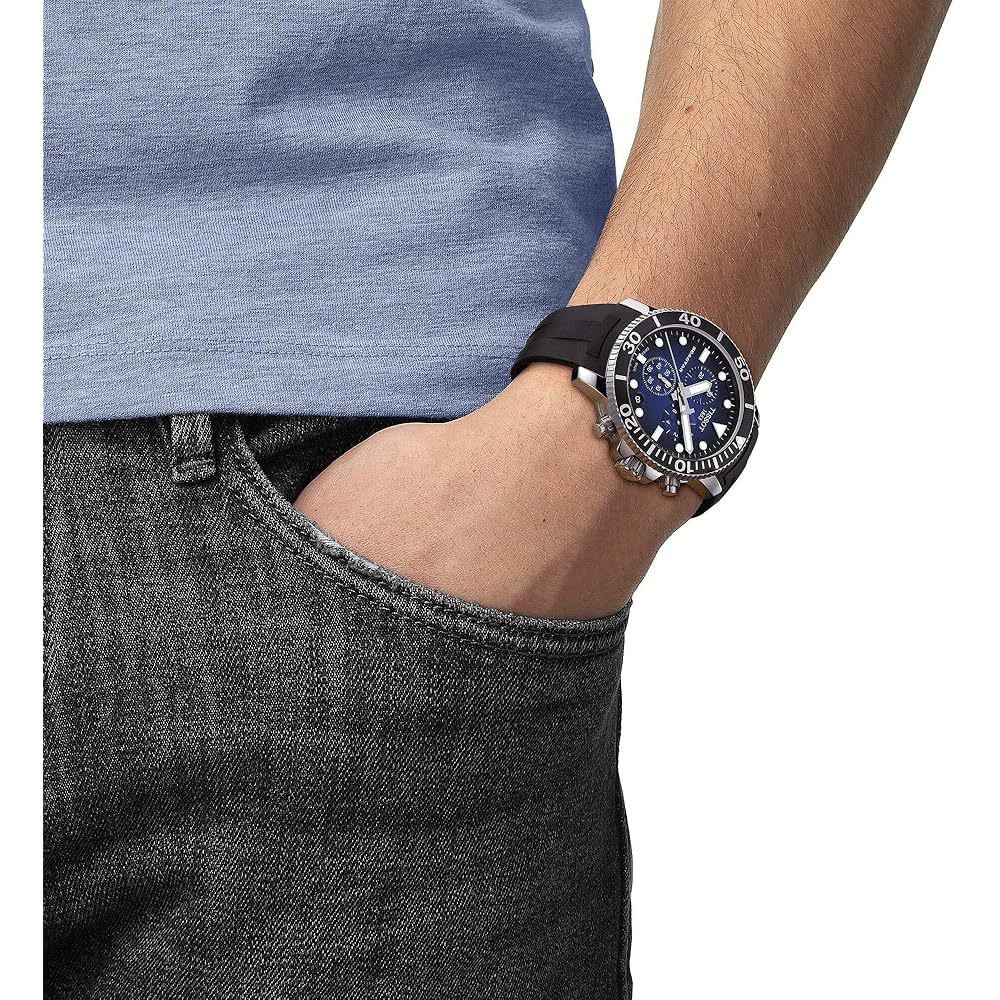 Мужские часы Tissot Seastar 1000 Хронограф, Синий циферблат, Резиновый ремешок, T1204171704100