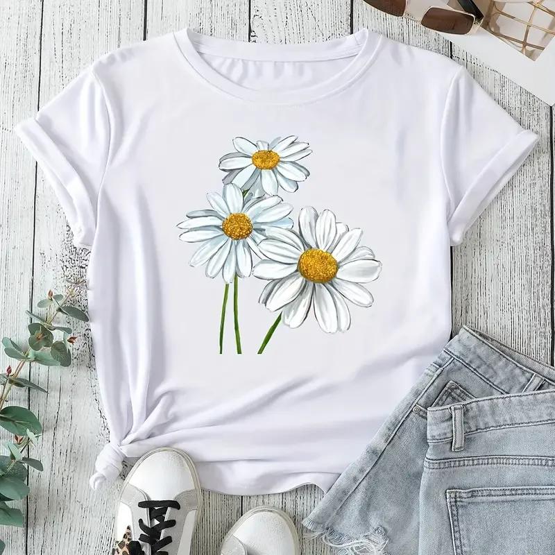 Plus Size Casual T-shirt Women's Plus Daisy Print Short Sleeve Round Neck Slight Stretch T-shirt