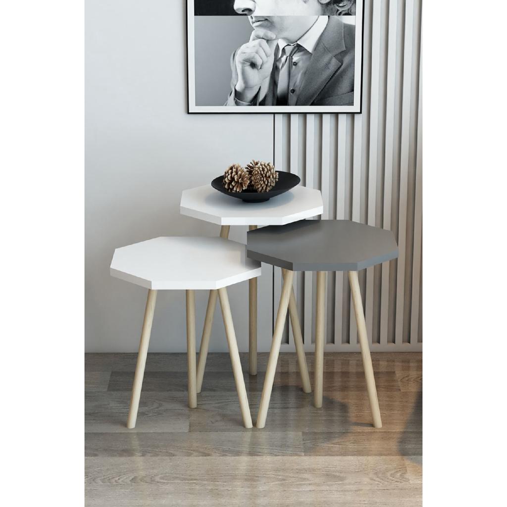 3-х предметный журнальный столик и набор журнальных столиков, восьмиугольный журнальный столик, набор журнальных столиков с деревянной ножкой и грабом