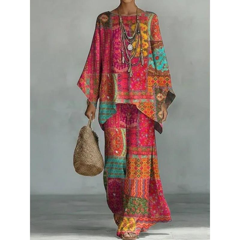 New crew neck bat sleeve printing set Bohemian lazy casual two-piece set