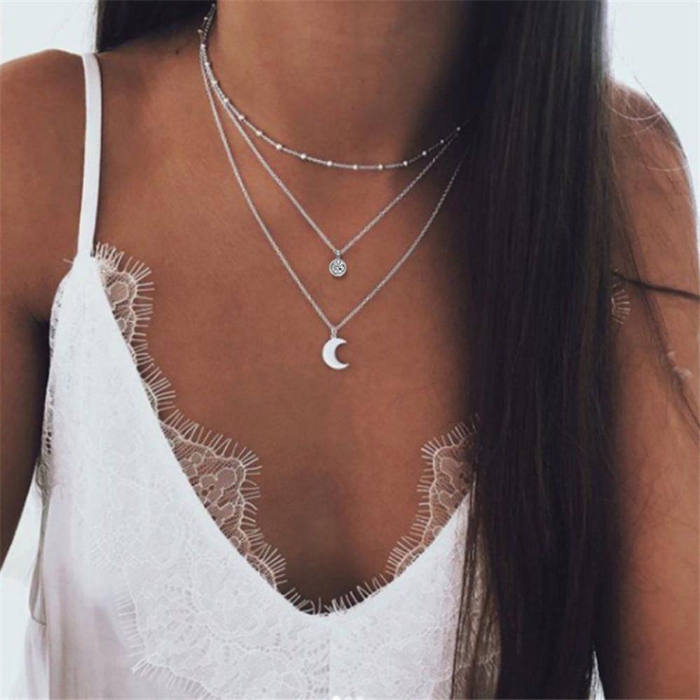 Minimalist Stainless Steel Christmas Necklace Set with Crystal Moon Pendant