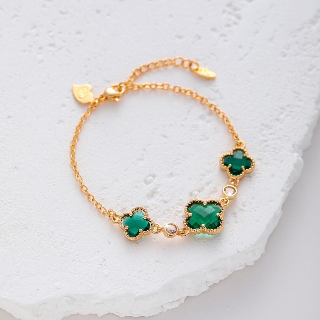 Двусторонний браслет-клевер женский медный с золотым покрытием и цирконом, цветочные украшения