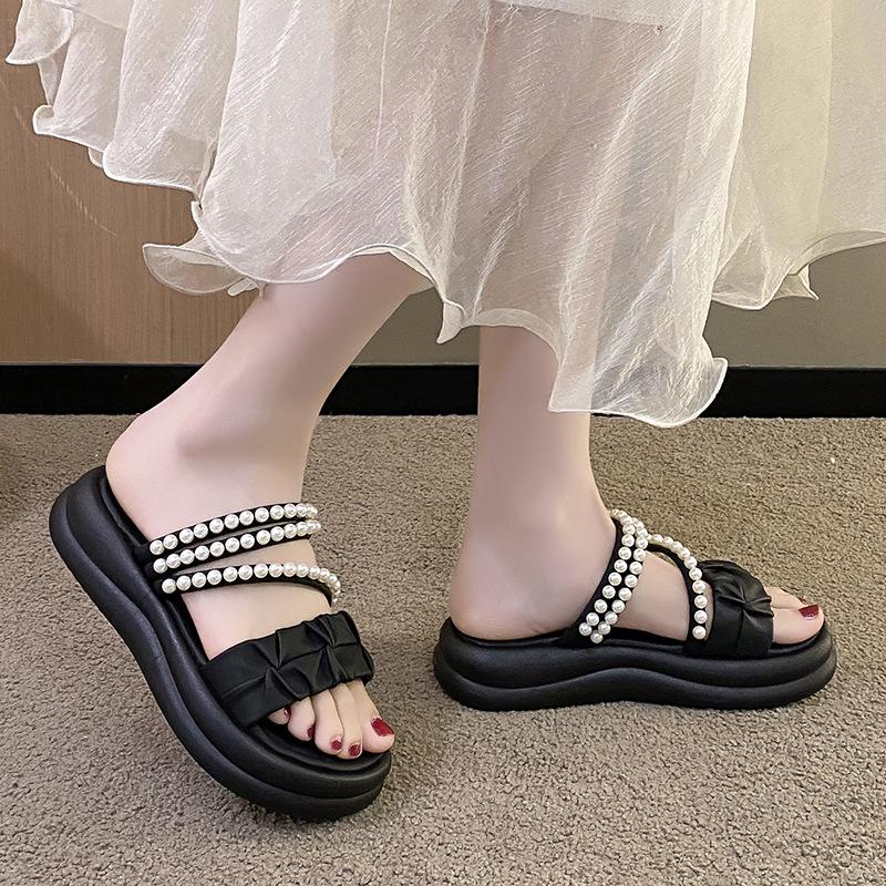 Верхняя одежда, тапочки-маффины с жемчужными складками, женские летние пляжные тапочки с толстой подошвой, одно слово, перетянутое двумя носками, сандалии, тапочки, женская модная женская обувь