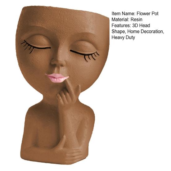Face Planter Pot with Drainage Hole Resin 3D Women Head Figurine Flowerpot Indoor Outdoor Plants Container Home Balcony Garden Decoration