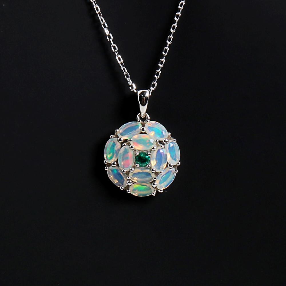 Colorful Natural Opal Gemstone with Green Emerald Pendant Necklace Fine Jewelry 925 Sterling Silver Gift for Women