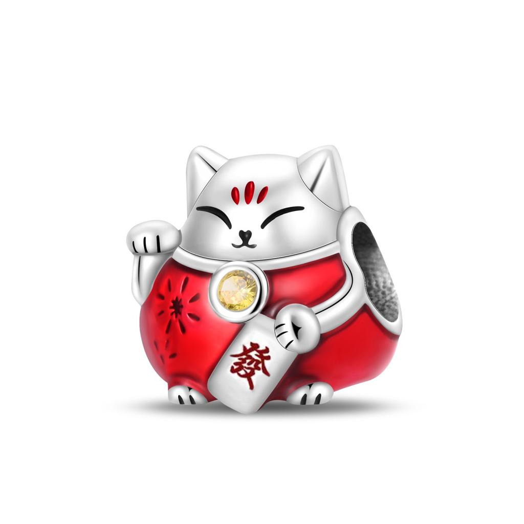 New Year'S Series Lion Dance Red Lantern Lucky Cat Charm Beads Copper Silver Plated