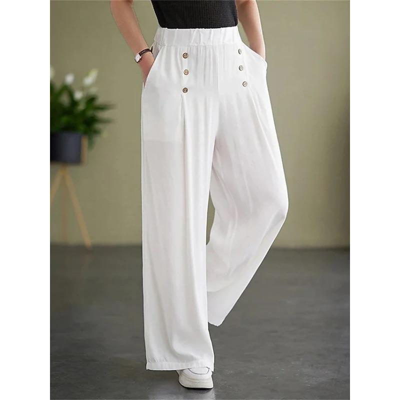 Solid Color Button Wide Leg Casual Pants Cotton and Linen Women's Trousers