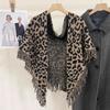 Autumn and Winter High End Versatile Wool Blended Triangle Scarf Retro Leopard Print Tassel Scarf Warm Knitted Women's Shawl