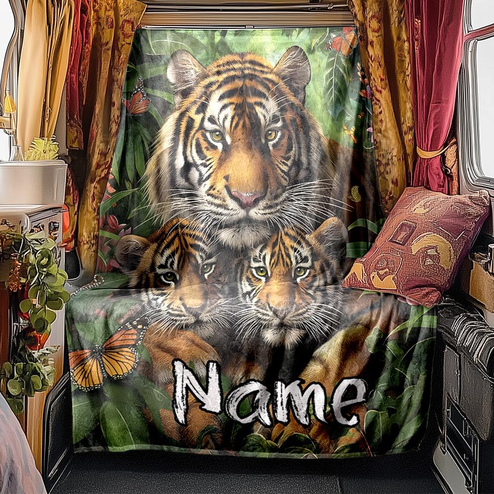 Tiger Family In Lush Jungle Garden Blanketcustomizable With Your Namecomfortable And Stylish Perfect For Travel Beds Chairs Offices Sofas