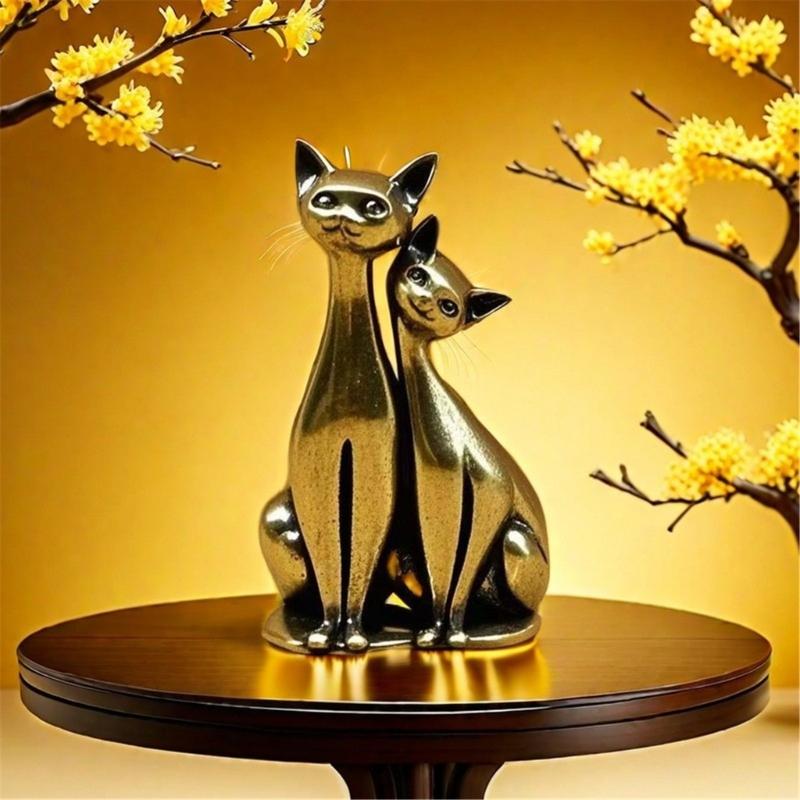Согревающие Сердца Пара Влюбленных Котов Латунная Скульптура Сплавы Миниатюрное Украшение Домашний Декор Подарок для Пары или Любителя Котов