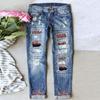 Women's Blue Flower Printed Stretch Jeans High Waist Trousers Patch Ripped Destroyed Denim Pants Skinny Pants