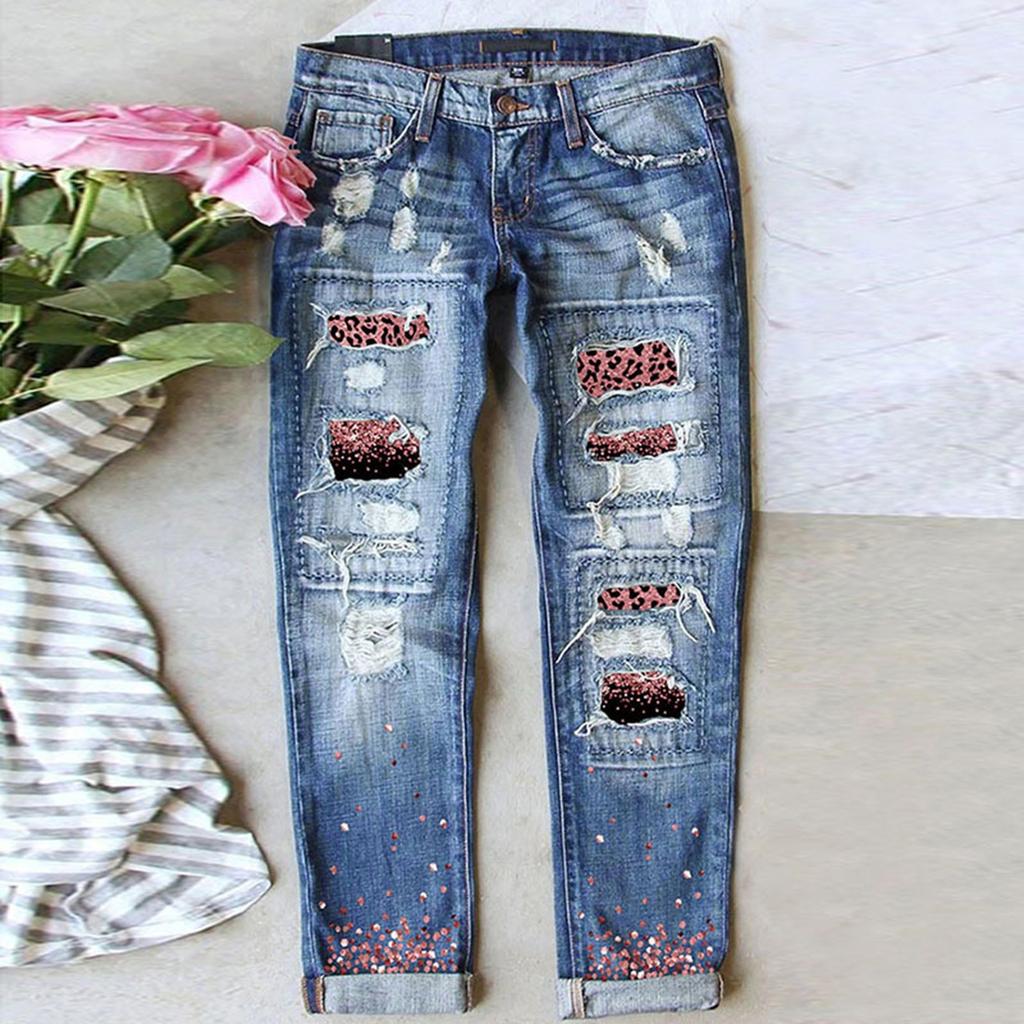 Women's Blue Flower Printed Stretch Jeans High Waist Trousers Patch Ripped Destroyed Denim Pants Skinny Pants