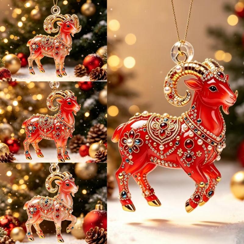 Auspicious Red Gold Chinese Zodiac Goat Acrylic Hanging Ornament for Home Car Lunar New Year Decoration Gift