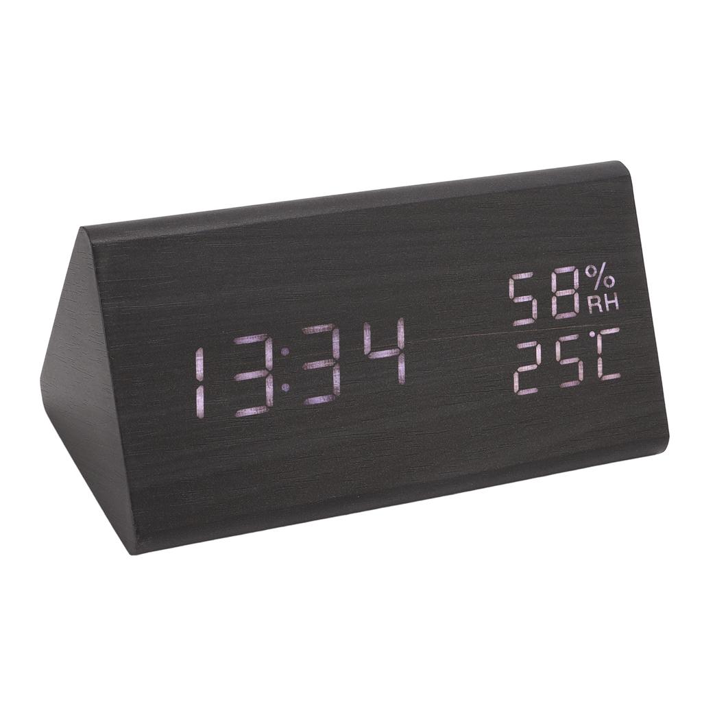 Digital Alarm Clock Regulable Brightness Temperature Humidity Display Black Wood White Light LED Des
