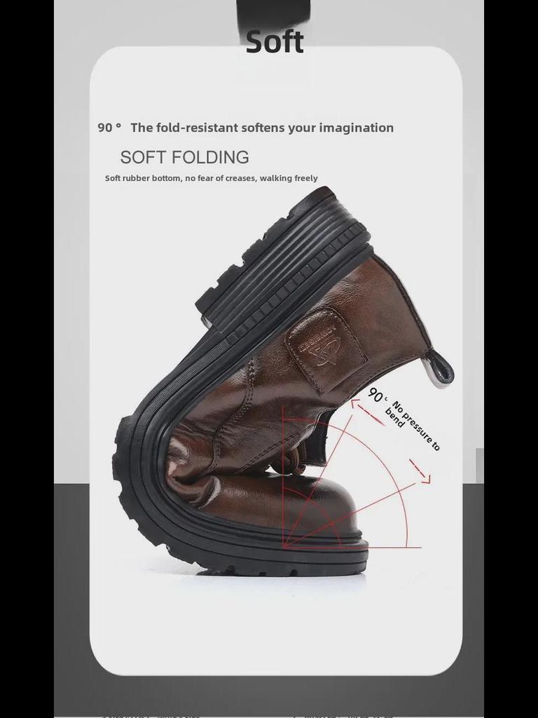 Мужские кожаные рабочие туфли на шнуровке: Толстая подошва, увеличивающая рост, универсальная, нескользящая, повседневная натуральная кожа, плюс хлопок.